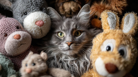 A fluffy grey cat with striking green eyes is nestled among various plush toys. The scene exudes a cozy and playful atmosphere, showcasing the charm of soft companions.の素材