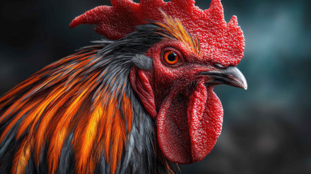 A rooster displays its vivid plumage, featuring fiery reds and oranges, while standing in a rustic setting. The sunlight highlights its unique patterns and textures, creating a lively atmosphere.の素材