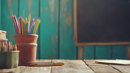 Back to school concept with colored pencils in a terracotta pot and a blackboard on a wooden tableの素材