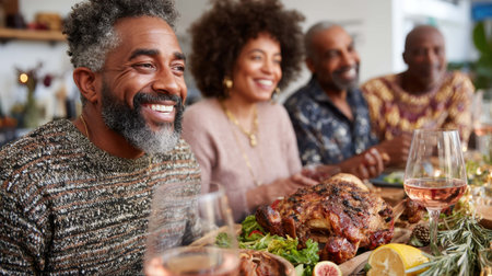 Friends share a delightful meal together, smiling and engaging in conversation. A beautifully arranged table features various dishes, creating a warm and inviting atmosphere for a celebration.の素材