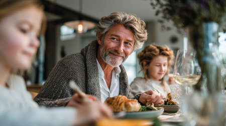 Warm family dinner features a cheerful grandfather engaging with his grandchildren. Two girls savor their meals, creating a heartwarming atmosphere. The cozy dining room enhances the intimate moment.の素材