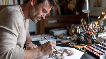 A male artist is intently sketching a detailed portrait at a cluttered desk in his studio. Various art supplies surround him, reflecting his creative process.の素材