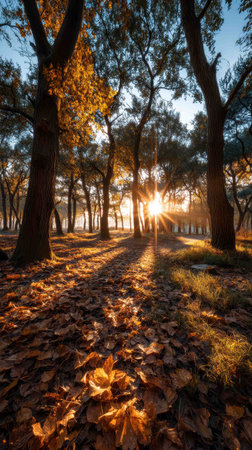 A serene forest landscape showcases a vibrant autumn sunrise. Sunlight filters through trees, casting shadows over a carpet of fallen leaves, creating a tranquil atmosphere.の素材