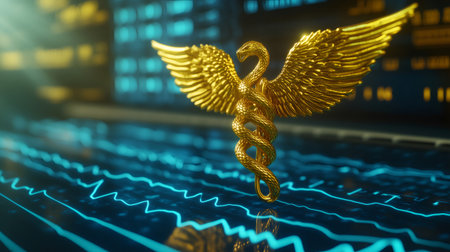 Golden caduceus, a medical symbol, standing over stock market data, representing healthcare investments and pharmaceutical industry trendsの素材