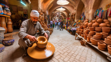 Potter shaping clay on a pottery wheel, surrounded by his creations in a vibrant Middle Eastern bazaarの素材
