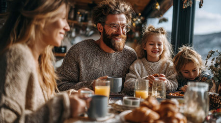 A family enjoys a cheerful breakfast together, surrounded by delicious pastries and warm drinks. The cozy atmosphere enhances their joyful interactions and laughter as they bond.の素材