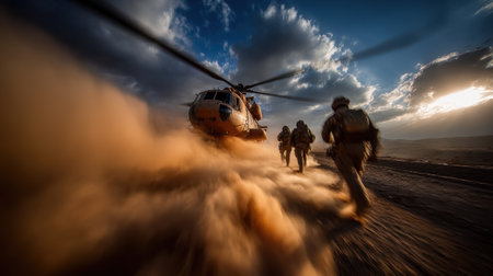 Soldiers run toward a helicopter during a military operation, navigating clouds of dust kicked up by the rotor blades as the sun sets in the background, creating dramatic lighting.の素材