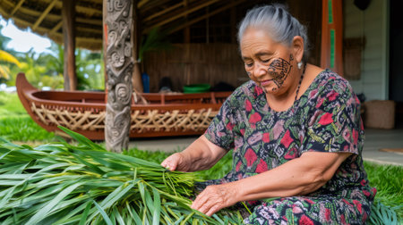 Elderly Maori artisan weaving traditional pandanus leaves, showcasing Polynesian culture and craftsmanship in Rarotongaの素材