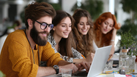 Four young adults engaged in a collaborative project at a trendy workspace, using a laptop while taking notes. Their focused expressions reflect creativity and teamwork.の素材