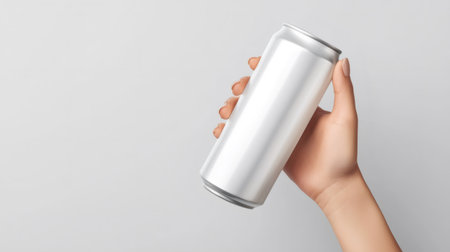 Close up of a hand holding a blank white aluminum can, perfect for showcasing your beverage product designの素材