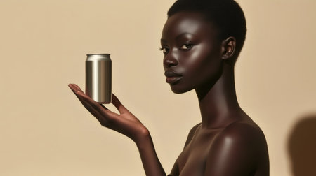 Beauty portrait of a young black woman holding a soda or beer canの素材