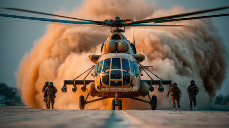 Soldiers hurry away from a helicopter as dust and smoke fill the air, capturing the intensity of a military operation during the golden hour on a runway.の素材