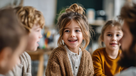A group of children enjoys a creative gathering indoors, showcasing happiness and curiosity.の素材