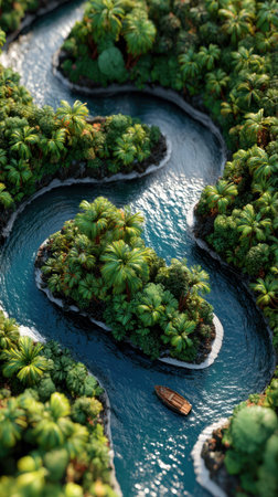 A small wooden boat moves gently along a winding river that flows through dense tropical foliage. The vibrant greenery surrounds the tranquil waterway, creating a picturesque scene of nature's beauty.の素材