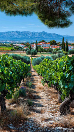 Lush green vineyards stretch across the rolling hills, leading to a mountain range under a clear blue sky. The path invites exploration through this serene Mediterranean landscape.の素材