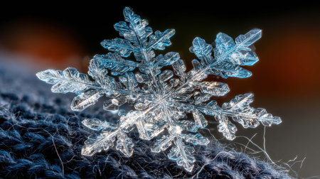 A detailed snowflake is nestled on a textured dark knit surface, showcasing its unique crystalline structure. The delicate design reflects winter's charm and artistry.の素材