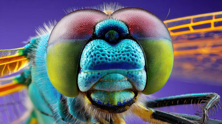 This image showcases a detailed close-up of a dragonfly, highlighting its striking colors and large eyes.の素材
