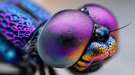 This striking close-up reveals the intricate details and vibrant colors of an insect's compound eyes, showcasing nature's remarkable beauty and complexity.の素材