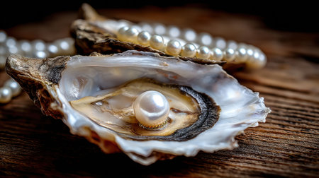 An exquisite oyster rests open, revealing a lustrous pearl nestled within its shell. The intricate textures of the shell and pearl are highlighted in natural light.の素材