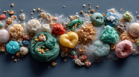 Vibrant assortment of candy pieces featuring diverse shapes and textures sprawled across a blue background, showcasing the fun and creativity in candy making.の素材