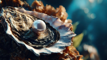 An open oyster reveals a lustrous pearl nestled within, set against a colorful underwater landscape. This striking marine scene captures the essence of oceanic beauty and biodiversity.の素材