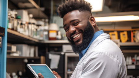 Happy scientist working with tablet and smiling in laboratory with shelves full of chemicals and equipmentの素材