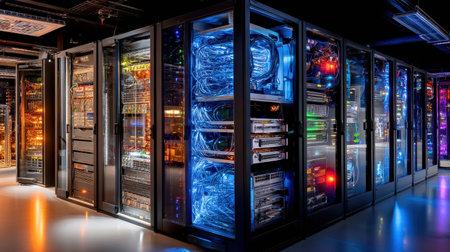 A state-of-the-art server room is bustling with activity, highlighted by illuminated racks displaying intricate wiring and colorful LED lights, representing cutting-edge technology in action.の素材