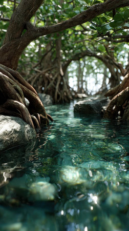 Sunlight filters through dense foliage of a mangrove forest, illuminating a tranquil river. Roots extend into crystal-clear water, creating a serene natural landscape.の素材