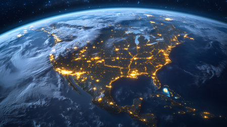 Highly detailed Earth showing North America at night with city lights and stars in the backgroundの素材
