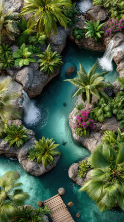 Vibrant tropical oasis showcases multiple waterfalls flowing into crystal-clear pools surrounded by diverse plant life, creating a serene natural retreat perfect for relaxation.の素材