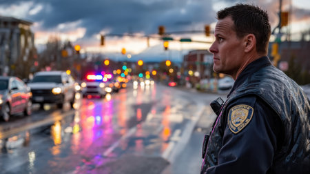 A police officer stands watch over a wet street, observing vehicles with flashing lights in the background as evening falls. The scene captures a moment of diligence amidst a rainy backdrop.の素材