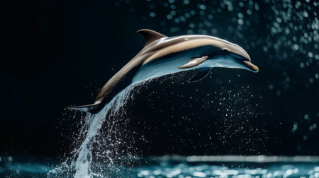 Dolphin jumping and creating water splash on dark backgroundの素材