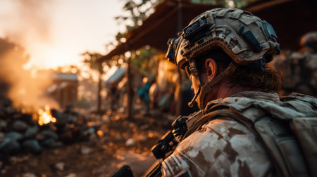 A soldier stands vigil near a makeshift camp, observing a fire in the distance. The sun sets, casting a warm glow across the rugged terrain, creating a tense atmosphere of vigilance.の素材