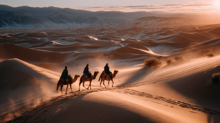 Riders on camels traverse stunning sand dunes as the sun sets, casting warm hues across the vast desert landscape, creating a tranquil and picturesque setting.の素材