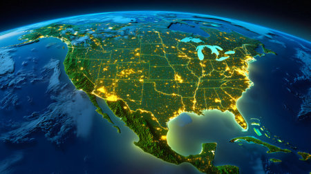 Highly detailed Earth, illuminated North America focusing on United States and Mexico as seen from space during nighttimeの素材