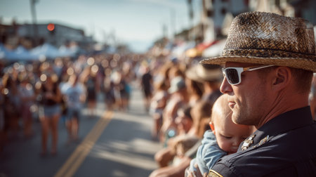 A police officer in sunglasses and a straw hat holds a baby while observing a lively street festival filled with people. The event takes place on a sunny day, showcasing community spirit.の素材