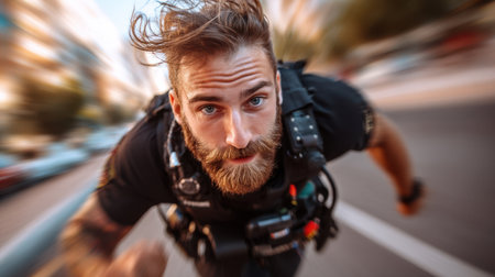 A police officer races down the street, focused and determined, wearing a tactical vest equipped with essential gear. The city buzzes with activity around him.の素材