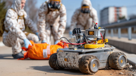 Military personnel in camouflage gear use a robotic vehicle to assist in safely handling a hazardous situation during a training exercise in an urban area.の素材