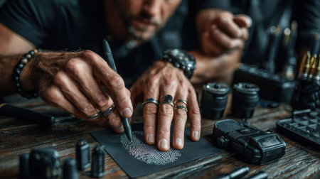 A skilled individual focuses intently on sketching a fingerprint on black paper. Surrounding tools and equipment reflect a forensic investigation setting, highlighting precision and care.の素材