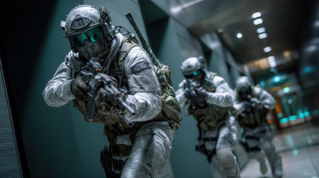 Three soldiers in tactical gear advance through a dimly lit corridor while aiming their firearms. The atmosphere is tense as they perform a strategic mission that requires stealth.の素材