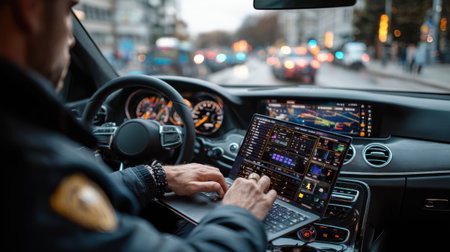 A law enforcement officer operates a laptop while driving through a bustling urban area. The dashboard displays multiple screens with data as city traffic flows around.の素材