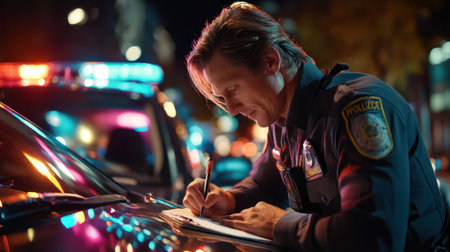 A police officer stands by a patrol car, taking notes on a clipboard while vibrant city lights illuminate the night scene. The officer focuses intently on the task at hand, showcasing diligence.の素材