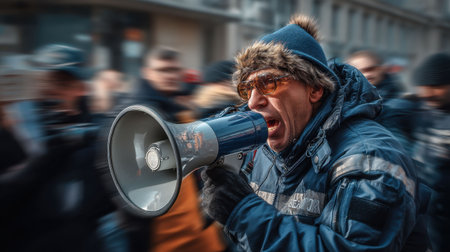 An individual passionately addresses a gathering using a megaphone, mobilizing the crowd during a winter protest in an urban environment. The atmosphere is charged with energy and enthusiasm.の素材