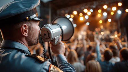 A police officer stands near a bustling crowd at an outdoor concert, using a megaphone to communicate over the noise while colorful lights illuminate the scene.の素材