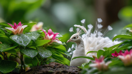 A stunning white peacock spreads its brilliant plumage in a garden filled with colorful flowers. The scene captures the essence of nature's beauty and tranquility, as raindrops glisten on leaves.の素材
