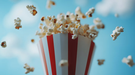 Popcorn exploding from a red and white striped container against a cloudy blue skyの素材