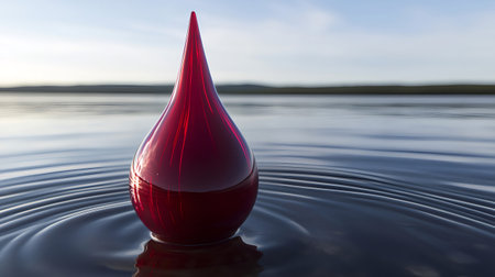 Red glass location pin floating on calm water surface with concentric ripples and blurred landscape in the backgroundの素材