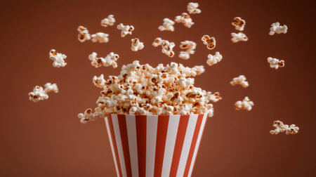 Popcorn exploding from a red and white striped container over a brown backgroundの素材