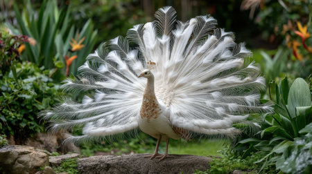 A white peacock proudly fan its magnificent tail feathers in a tranquil garden filled with vibrant plants and flowers, showcasing the beauty of nature.の素材