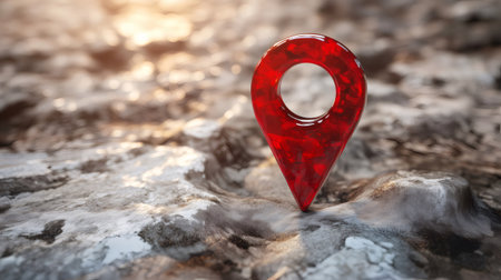 Red glossy location pin marking a specific spot on a rough stone surface, symbolizing navigation, travel, and destinationの素材